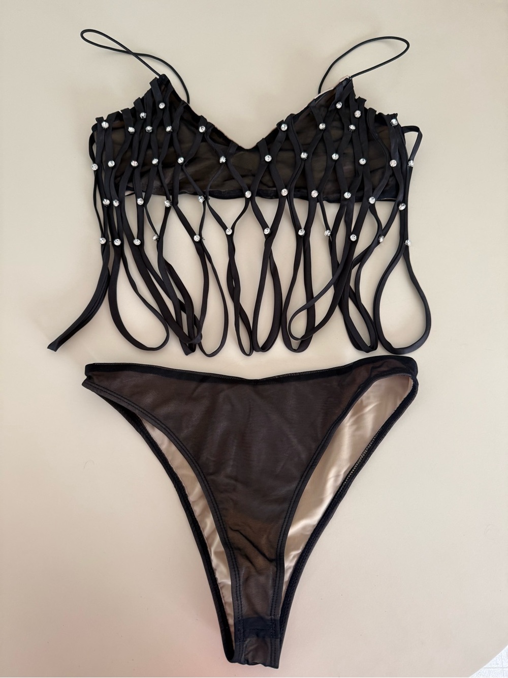 Rehab Lab Black Rhinestone Fringe Bikini Set